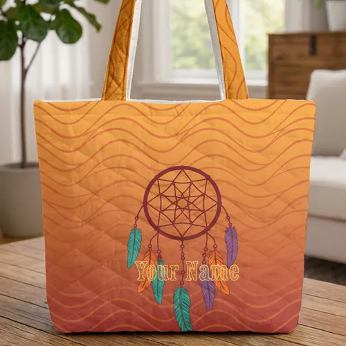 Ornate Dreamcatcher Feathers Personalized Name - Western Lifestyle Gift Quilted Tote Bag