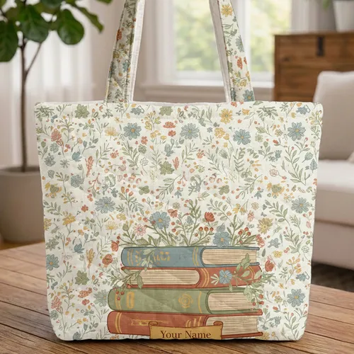 Vintage Books Wildflower Stack - Book Lover Gift Quilted Tote Bag