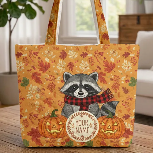 Personalized Raccoon Jack-o'-Lantern Autumn Leaves - Fall Halloween Wildlife Gift Quilted Tote Bag