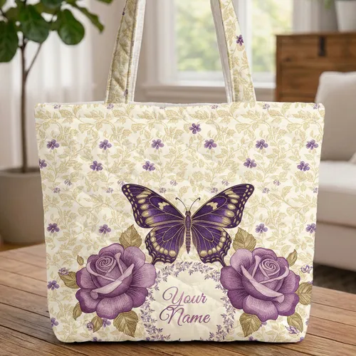Ornate Butterfly Purple Roses Floral Wreath - Nature Lover Everyday Carryall Quilted Tote Bag