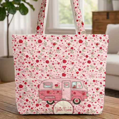 Pink Camper Van Red Roses Hearts Gingham Squares Travel Enthusiast Gift for Girls Quilted Tote Bag