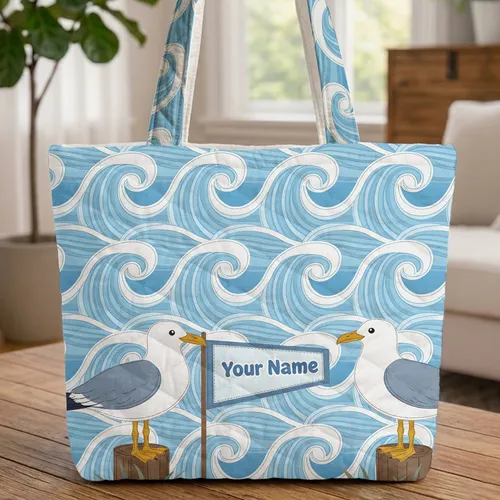 Seagulls Pennant Flag Ocean Waves - Coastal Gift for Beach Lover Quilted Tote Bag