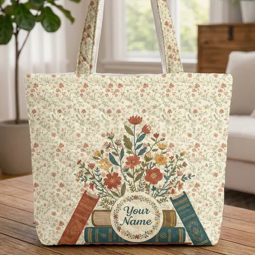 Wildflowers Vintage Books Personalized - Everyday Carryall Gift for Readers Quilted Tote Bag