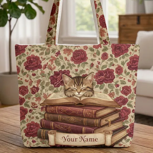 Tabby Kitten Vintage Books Red Roses - Book Lover Everyday Bag Quilted Tote Bag