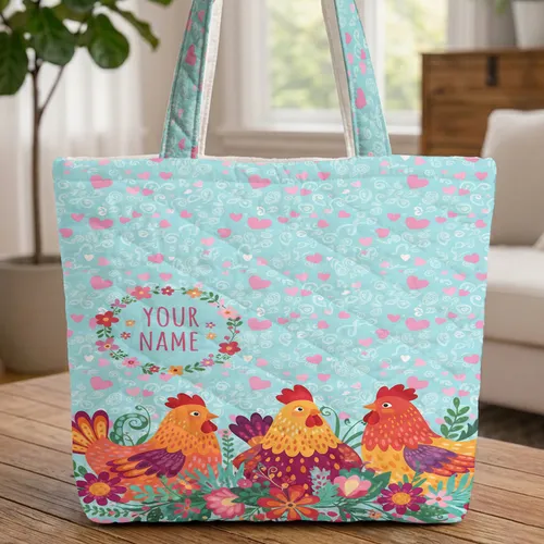 Chickens Red Combs Flowers Leaves Hearts Circular Wreath Name Text - Chicken Lover Gift Quilted Tote Bag