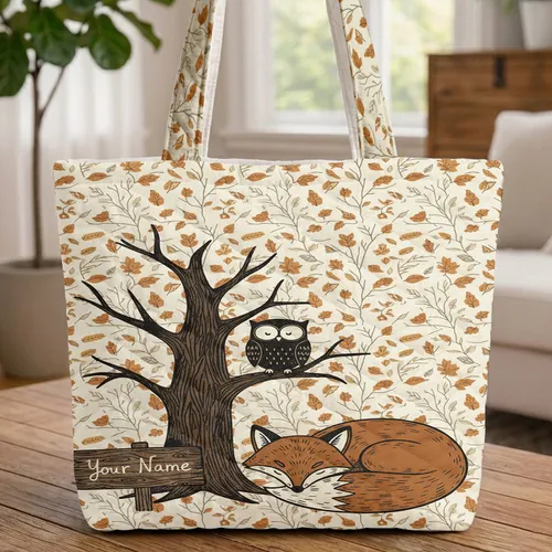 Fox Owl Autumn Leaves Gnarled Tree - Wildlife Lover Fall Decor Gift Quilted Tote Bag