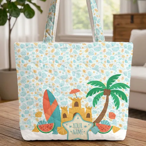 Seashell Starfish Surfboard Sandcastle Palm Tree - Personalized Beach Day Gift Quilted Tote Bag