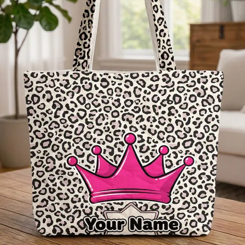 Ornate Hot Pink Crown Leopard Spots Star Personalized - Everyday Lifestyle Gift Quilted Tote Bag