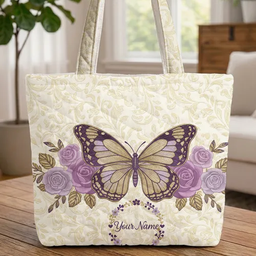 Ornate Butterfly Leaves Floral Wreath Fabric Roses - Everyday Carryall Gift Quilted Tote Bag