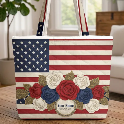 American Flag Roses Personalized Name - Independence Day Gift Quilted Tote Bag