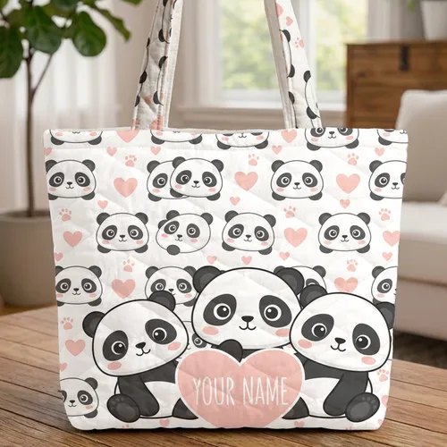 Three Cartoon Pandas Hearts Paw Prints Your Name Heart - Everyday Carry for Kids Quilted Tote Bag