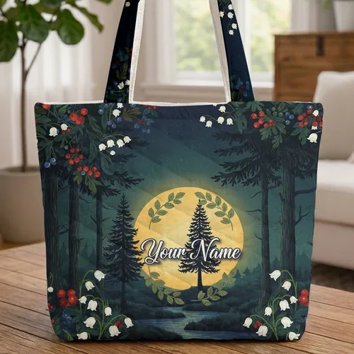 Night Forest Moon River Evergreen Berries Lily Name Garland - Nature Lover Gift Quilted Tote Bag