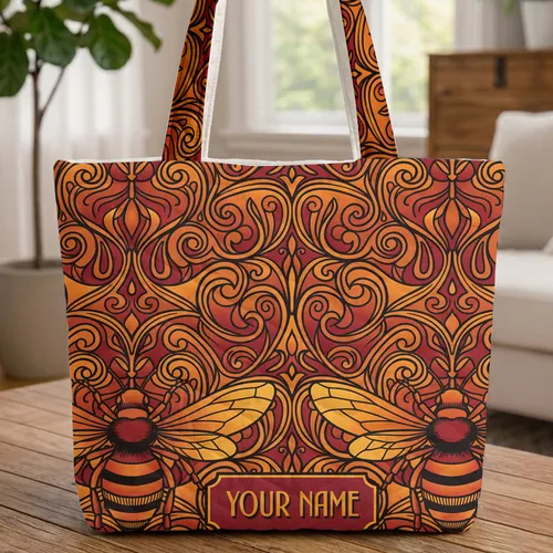 Stylized Bees Organic Swirls Name Plaque - Everyday Gift for Bee Lovers Quilted Tote Bag