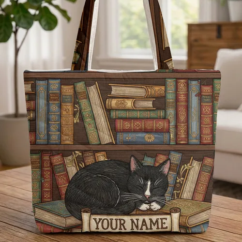 Personalized Tuxedo Cat Vintage Bookshelves - Book Lover Library Gift Quilted Tote Bag
