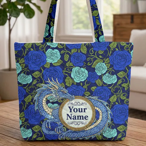 White Scale Blue Dragon Rose Foliage Gold Medallion Personalized Gift for Fantasy Lover Quilted Tote Bag