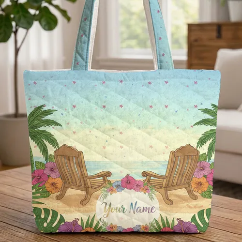 Tropical Beach Sunset Quilted Tote Bag Unisex Vacation Commuting Shopping Bag, Holiday Gift