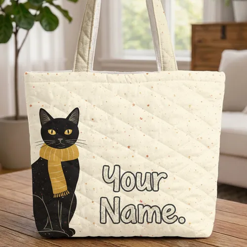 Black Cat Yellow Scarf Stars Personalized Name - Cat Lover Everyday Tote Quilted Tote Bag