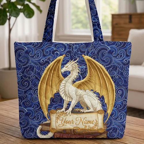 White Dragon Golden Wings Ornate Books - Fantasy Lover Magical Gift Quilted Tote Bag