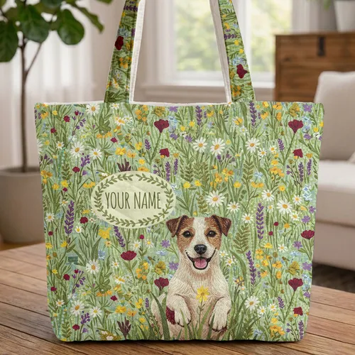 Jack Russell Wildflowers Name Wreath - Everyday Tote Dog Lover Gift Quilted Tote Bag