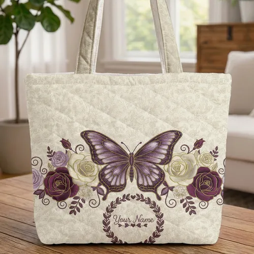 Ornate Butterfly Roses Floral Wreath Botanical Vines - Everyday Tote Quilted Bag Quilted Tote Bag