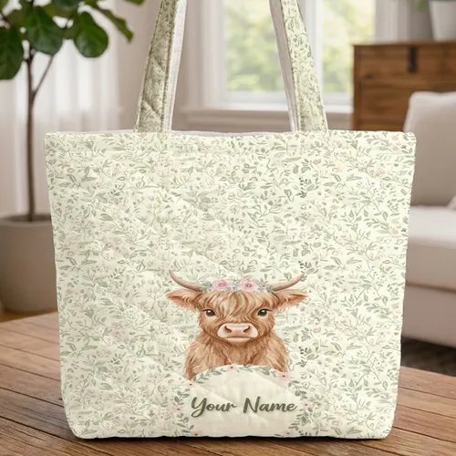 Highland Cow Calf Wildflower Floral Crown Personalized - Cow Lover Farmhouse Gift Quilted Tote Bag