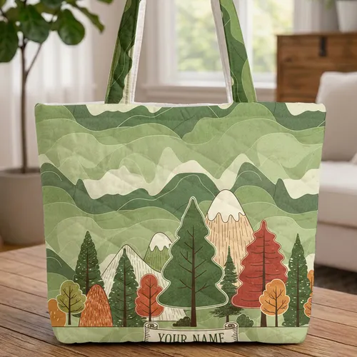 Personalized Mountain Forest Peaks - Nature Lover Home Decor Gift Quilted Tote Bag