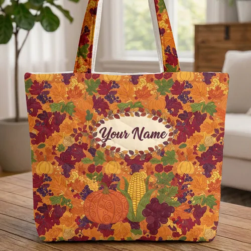 Personalized Autumn Harvest Pumpkin Corn Grapes Gourds Berries - Seasonal Decor Gift Quilted Tote Bag