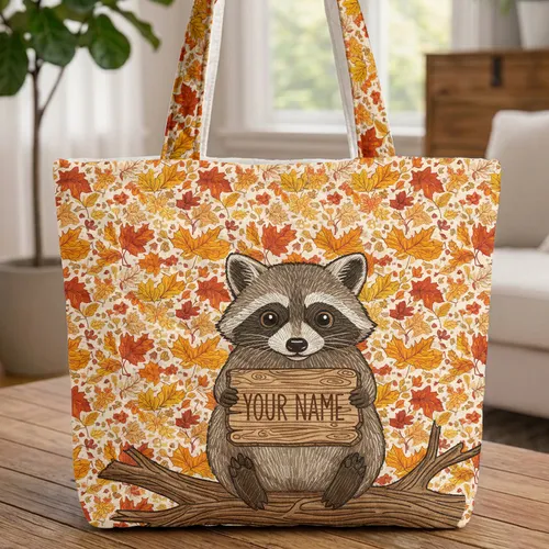 Autumn Raccoon Leaves Wooden Name Sign - Fall Decor Gift for Nature Lover Quilted Tote Bag