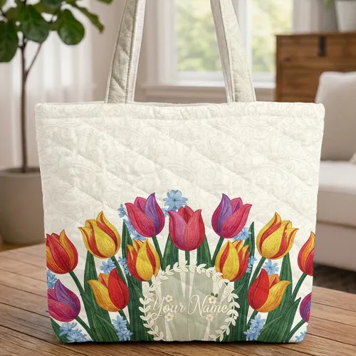 Vibrant Tulips Hyacinths Swirls Name Floral Lover Gift Quilted Tote Bag