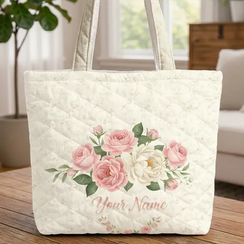 Soft Pink Roses Peony Cherry Blossom Personalized Name Floral Bouquet Gift Quilted Tote Bag