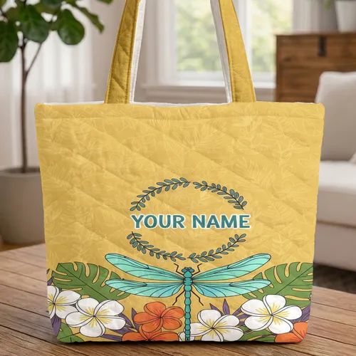 Dragonfly Plumeria Tropical Foliage Name Wreath - Everyday Tote Travel Gift Quilted Tote Bag