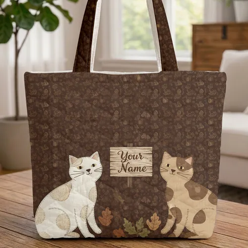 White Spotted Cats Earthy Leaves Fish Bones Paw Prints - Everyday Pet Lover Gift with Name Quilted Tote Bag