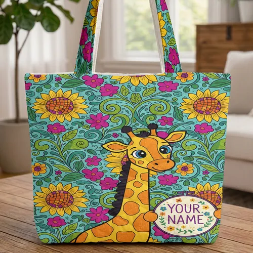 Giraffe Personalized Name Hoop Sunflowers Botanical Wildlife Lover Gift Quilted Tote Bag