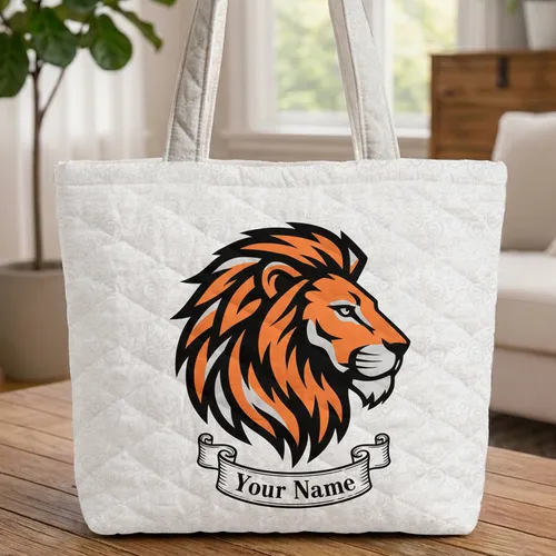 Tribal Lion Head Personalized Name Scroll - Personalized Everyday Adventure Gift Quilted Tote Bag
