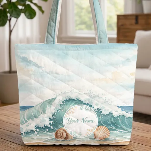 Wispy Cloud Sky Ocean Wave Sandy Beach Seashell Personalized Name - Coastal Lifestyle Gift Quilted Tote Bag