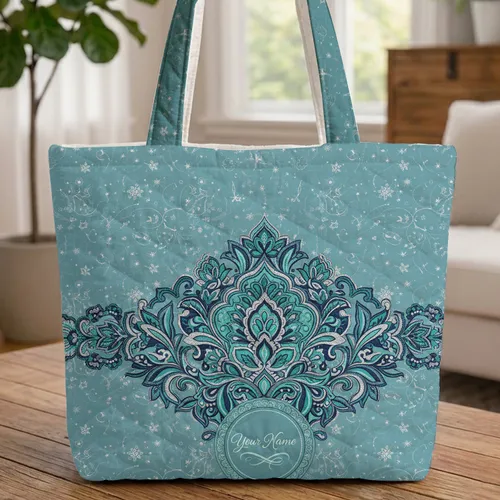 Celestial Stars Damask Floral Your Name Medallion - Everyday Tote Gift for Her Quilted Tote Bag