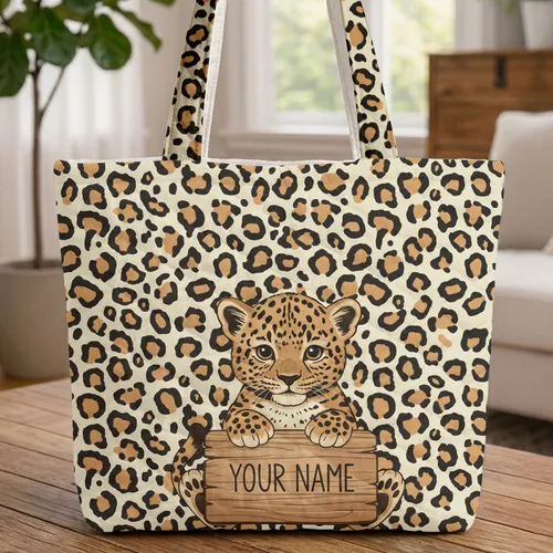 Leopard Cub Your Name Rustic Wooden Sign Leopard Spots - Animal Lover Gift Quilted Tote Bag