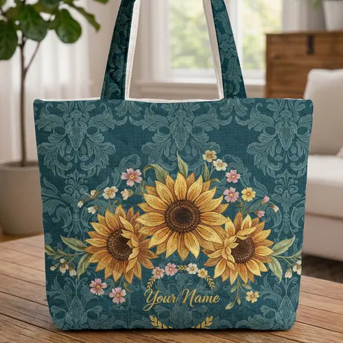 Personalized Sunflower Wildflower Floral Damask Wreath - Everyday Use Gift Quilted Tote Bag
