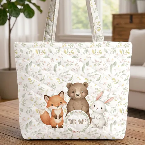 Woodland Bear Bunny Fox Kit Floral Wreath Wildflowers - Nature Lover Everyday Carry Gift Quilted Tote Bag