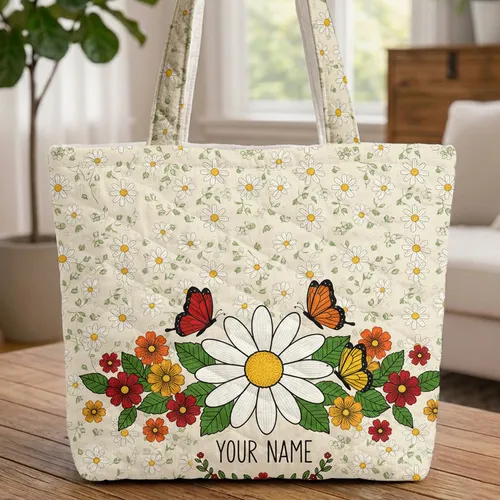 Large Daisy Butterflies Floral Wreath Personalized Name Quilted Tote Bag