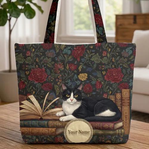 Tuxedo Cat Antique Books Roses Chrysanthemums - Cat Lover Book Lover Gift Quilted Tote Bag