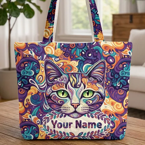 Cat Face Green Eyes Organic Swirls Leaf Garland Mosaic Background Personalized Gift Quilted Tote Bag