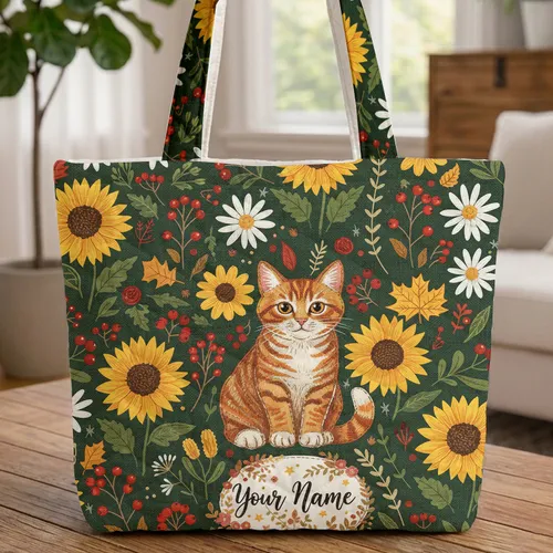 Ginger Cat Personalized Name Floral Wreath - Autumn Sunflowers Botanical Cat Lover Gift Quilted Tote Bag
