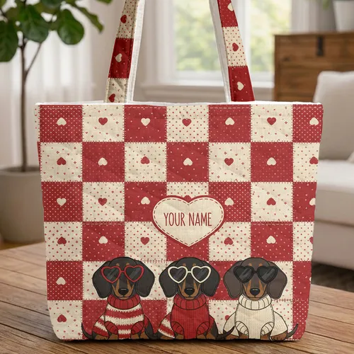 Heart Sunglasses Dachshunds Quilt Blocks Heart Name Tag - Dachshund Lover Travel Gift Quilted Tote Bag