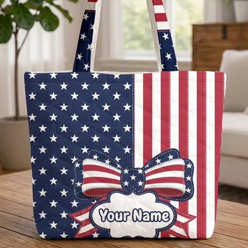Personalized Star Patriotic Bow American Flag - Independence Day Gift Quilted Tote Bag