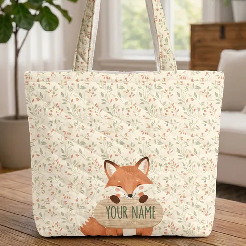 Fox Kit Name Sign Woodland Floral Sprigs Berries - Wildlife Lover Gift Quilted Tote Bag