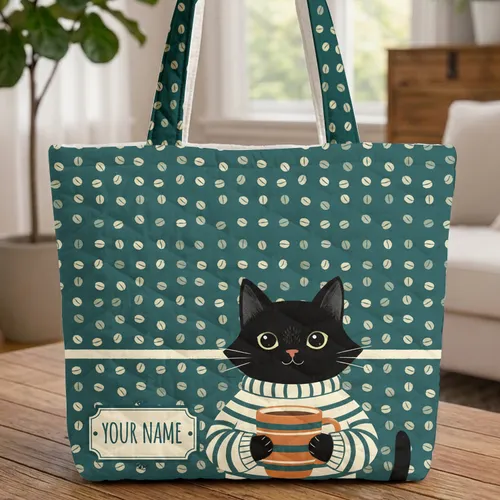 Black Cat Coffee Bean Mug Personalized Name - Everyday Cat Coffee Lover Gift Quilted Tote Bag