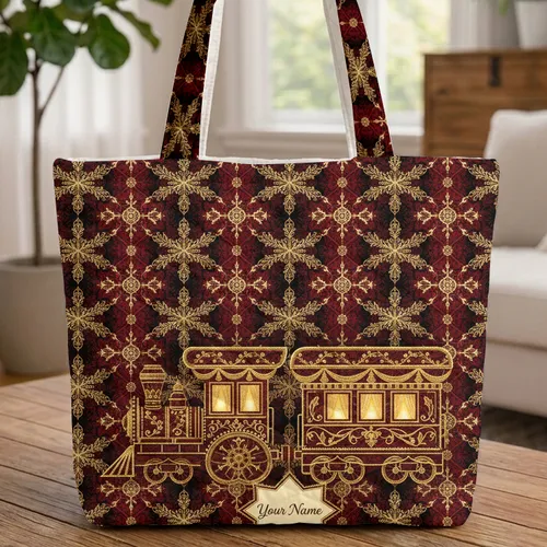 Festive Train Car Golden Snowflakes Winter Holiday Gift Quilted Tote Bag