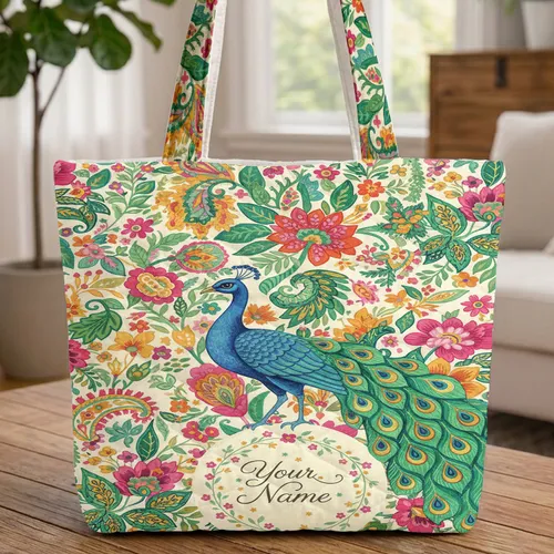 Ornate Peacock Tropical Flowers Paisley - Boho Wildlife Lover Travel Gift Quilted Tote Bag