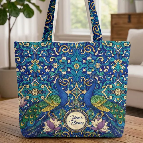Peacocks Lotus Organic Swirls Personalized Name - Wildlife Lover Gift Quilted Tote Bag